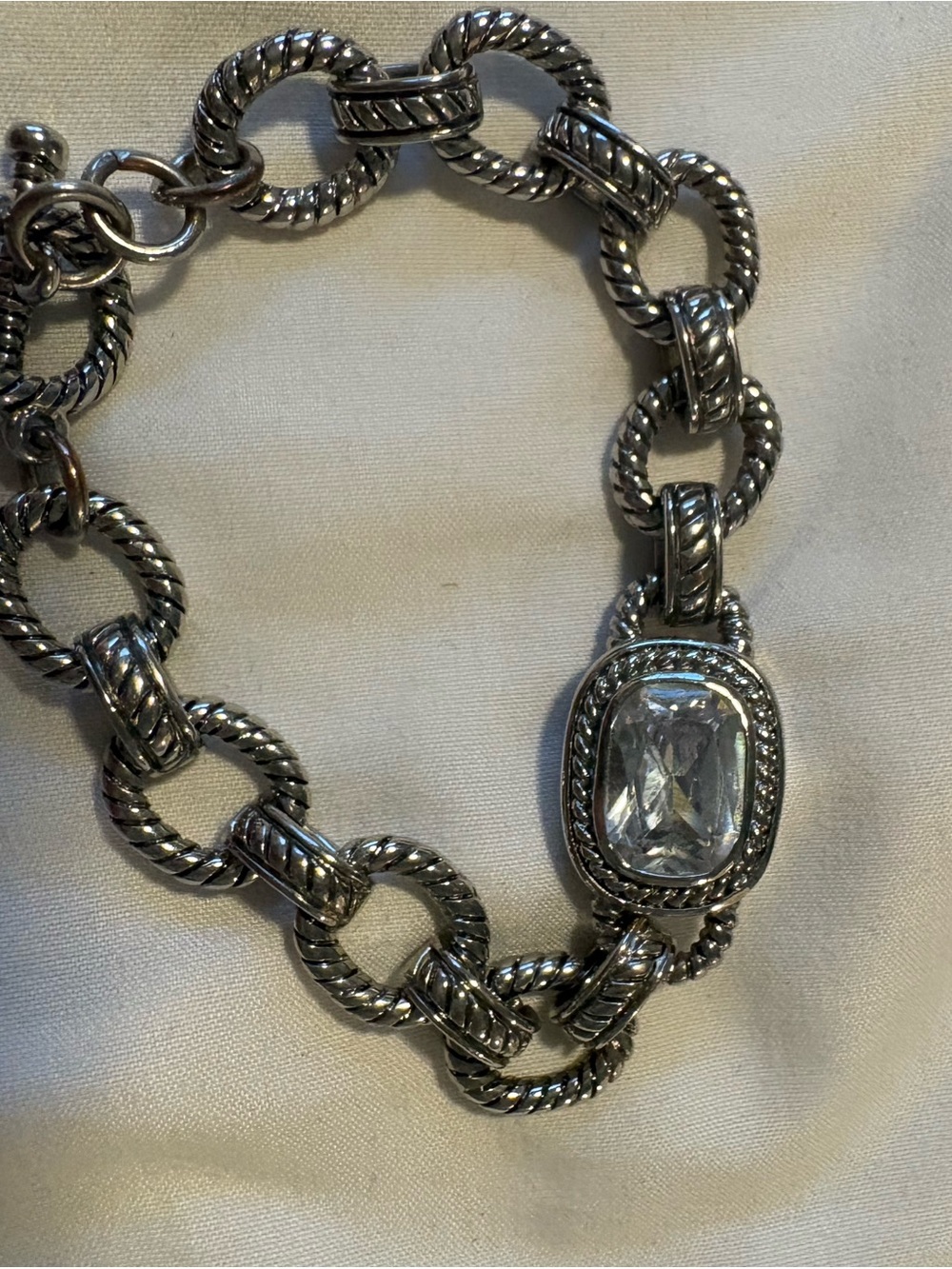 Silver Rope-Link Bracelet with Clear Crystal Accent